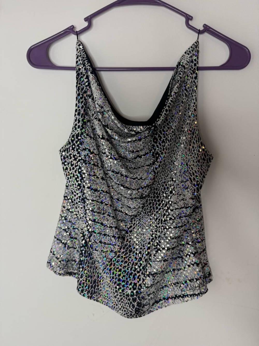 Silver Sequin Animal Print Cowl Neck Tank Top - Women